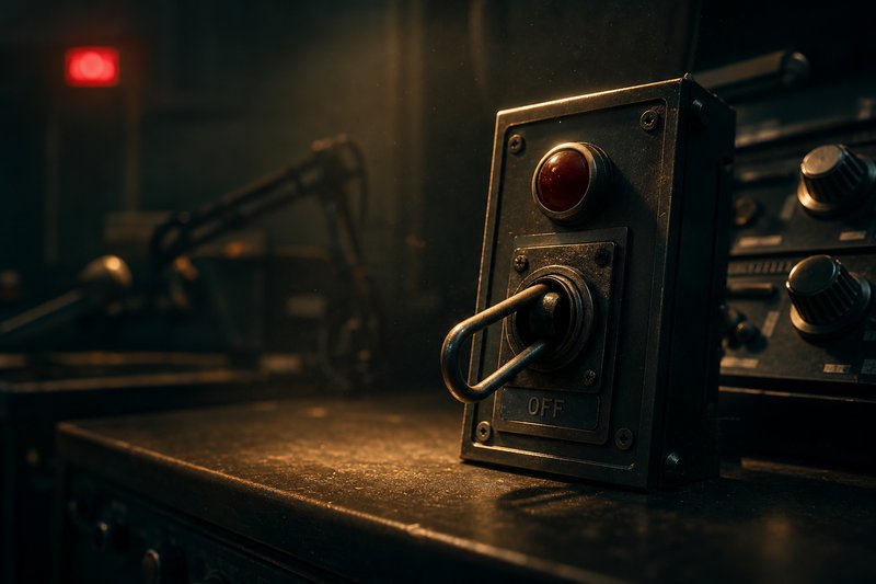 Gesicherter Kippschalter in OFF-Stellung mit Warnlampe an einer Broadcast-Konsole