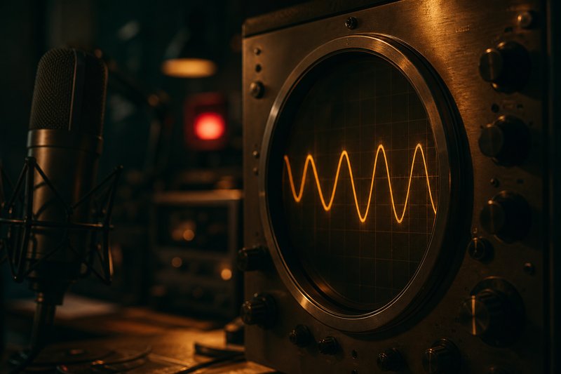 Oszilloskop mit amberfarbener Waveform im dunklen Studio