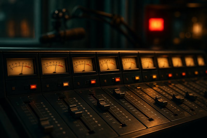Analoge Konsolen-Fader in unterschiedlichen Stellungen, ein Ranking im Studio-Licht