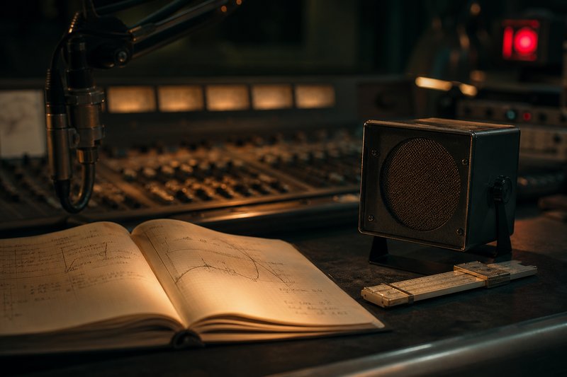 Aufgeschlagenes Notizbuch mit Quotenkurven neben Rechenschieber im Studio